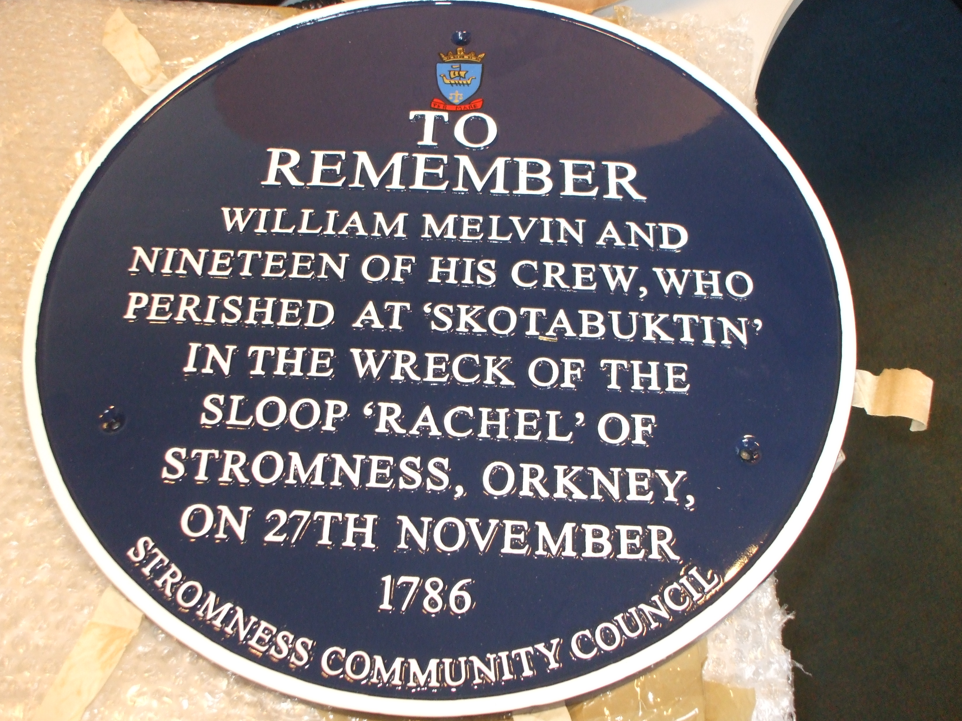 Memorial plaque to the crew of the Rachel 1786